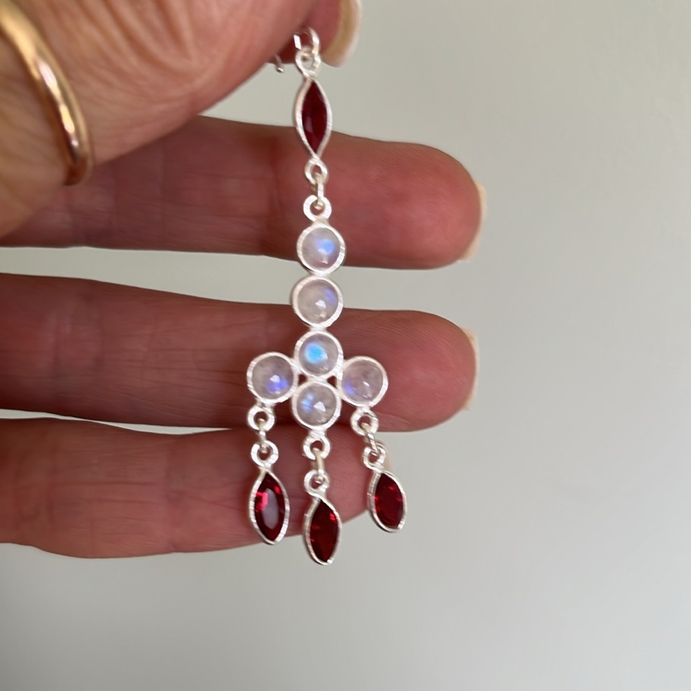 Elegant Moonstone and Garnet in Sterling Silver Dangle Earrings - Picture 3 of 5